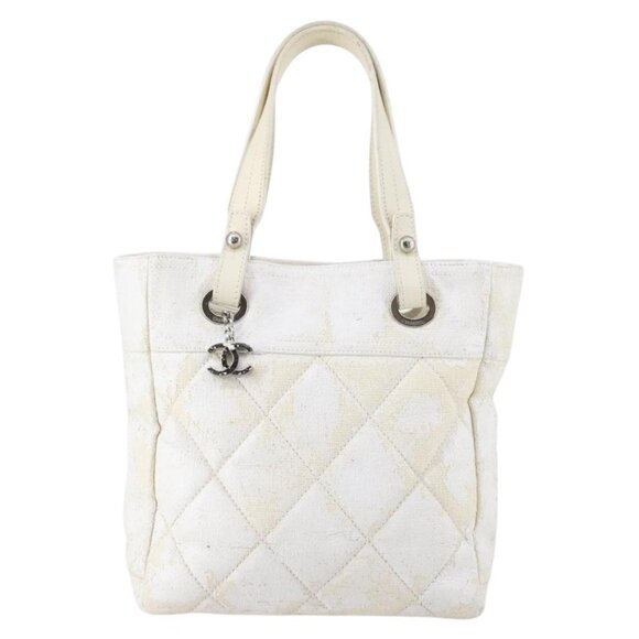 CHANEL Paris Biarritz MM Tote Bag Coated Canvas White Silver CC Auth - Picture 2 of 15